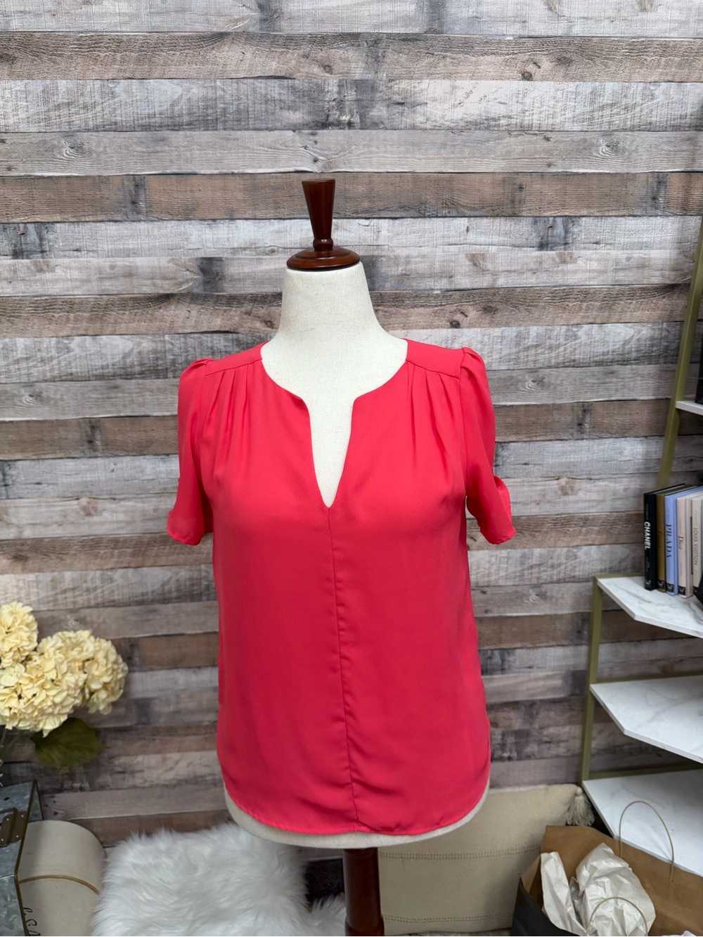 19 Cooper Coral Pink Split V-Neck Short Sleeve Blouse
